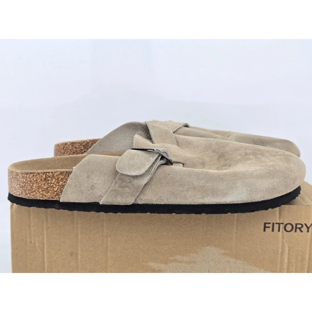 Fitory Suede Clogs Mens Size 11 Taupe Leather Mules Buckle Shoes‎ -Good